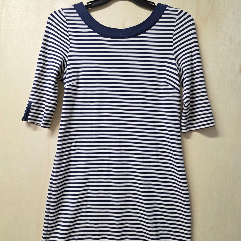 Banana Republic Navy White Striped Sheath Dress Scoop Neck Elbow Sleeve Size 10 - Picture 16 of 16